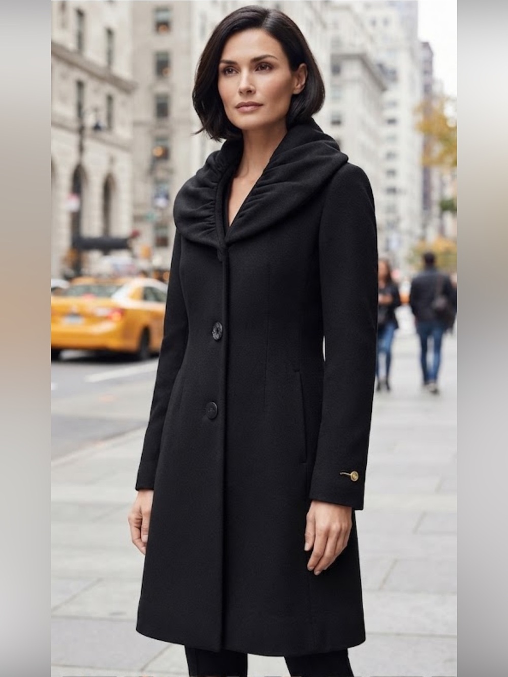 Tahari Loro Piana Black Wool Shawl Collar Coat